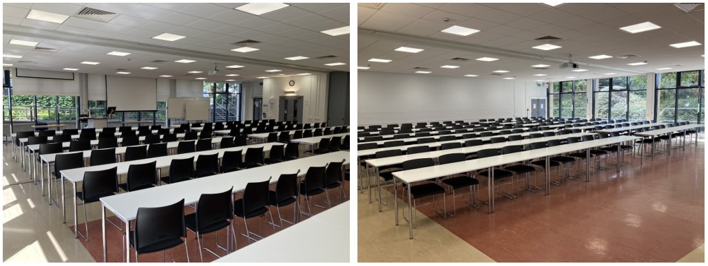 Classroom with rows of tables and chairs.